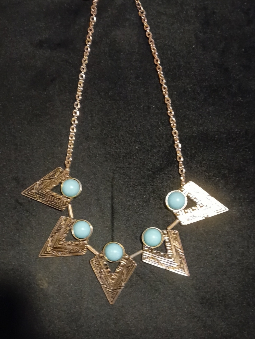 Gold-Tone Chevron Pendant Necklace with Turquoise Blue Accents